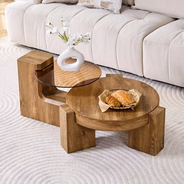 Tavolini da salotto impilabili a due livelli con vetro fumé e piano in MDF effetto rovere per soggiorno e balcone