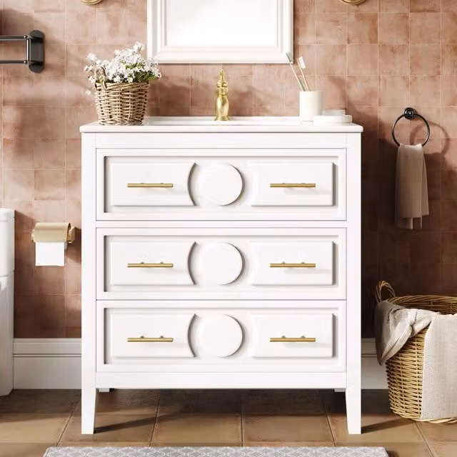 Mobile bagno bianco con lavabo in ceramica e tre cassetti