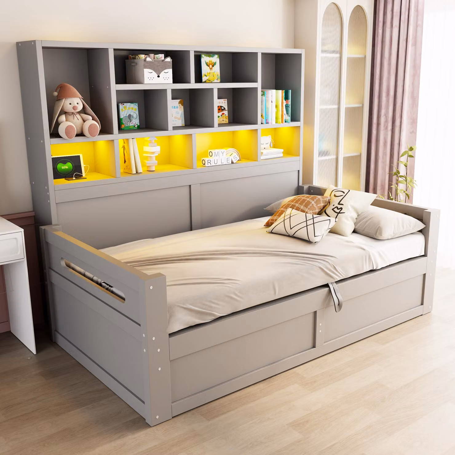 Divano letto imbottito in legno okwish, 90x200 cm, con spazio contenitore idraulico e illuminazione LED. Letto per bambini con prese di corrente e spazio contenitore. Letto singolo grigio, senza materasso
