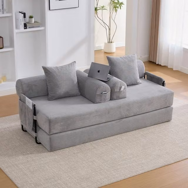 Divano modulare Mivray in velluto a coste grigio con struttura in metallo, funzione letto e 3 cuscini, L/P/H: 200 x 67 x 94 cm