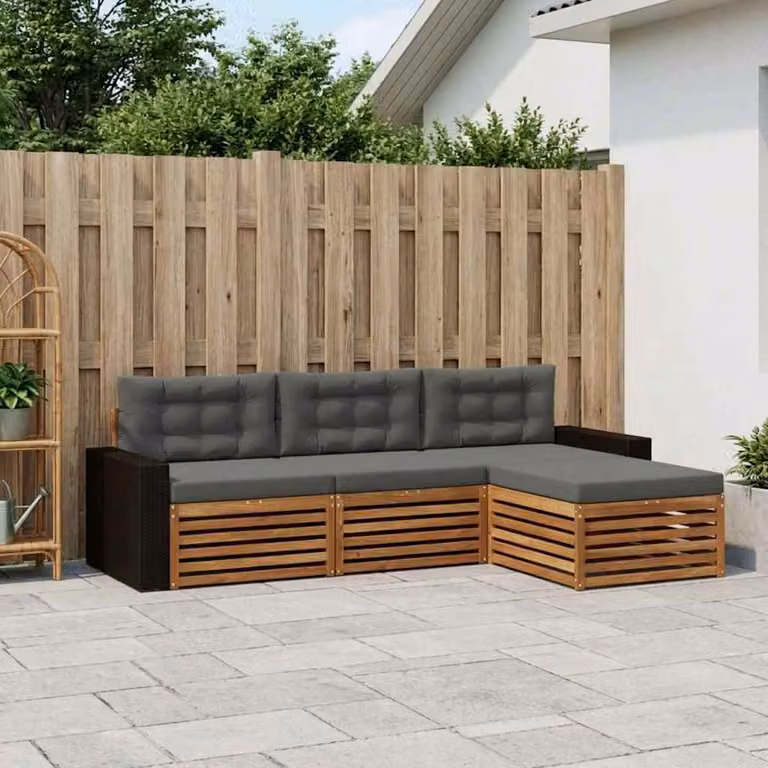 vidaXL Set di divani da esterno a L con pouf 4 pz in legno di acacia, colori beige e antracite