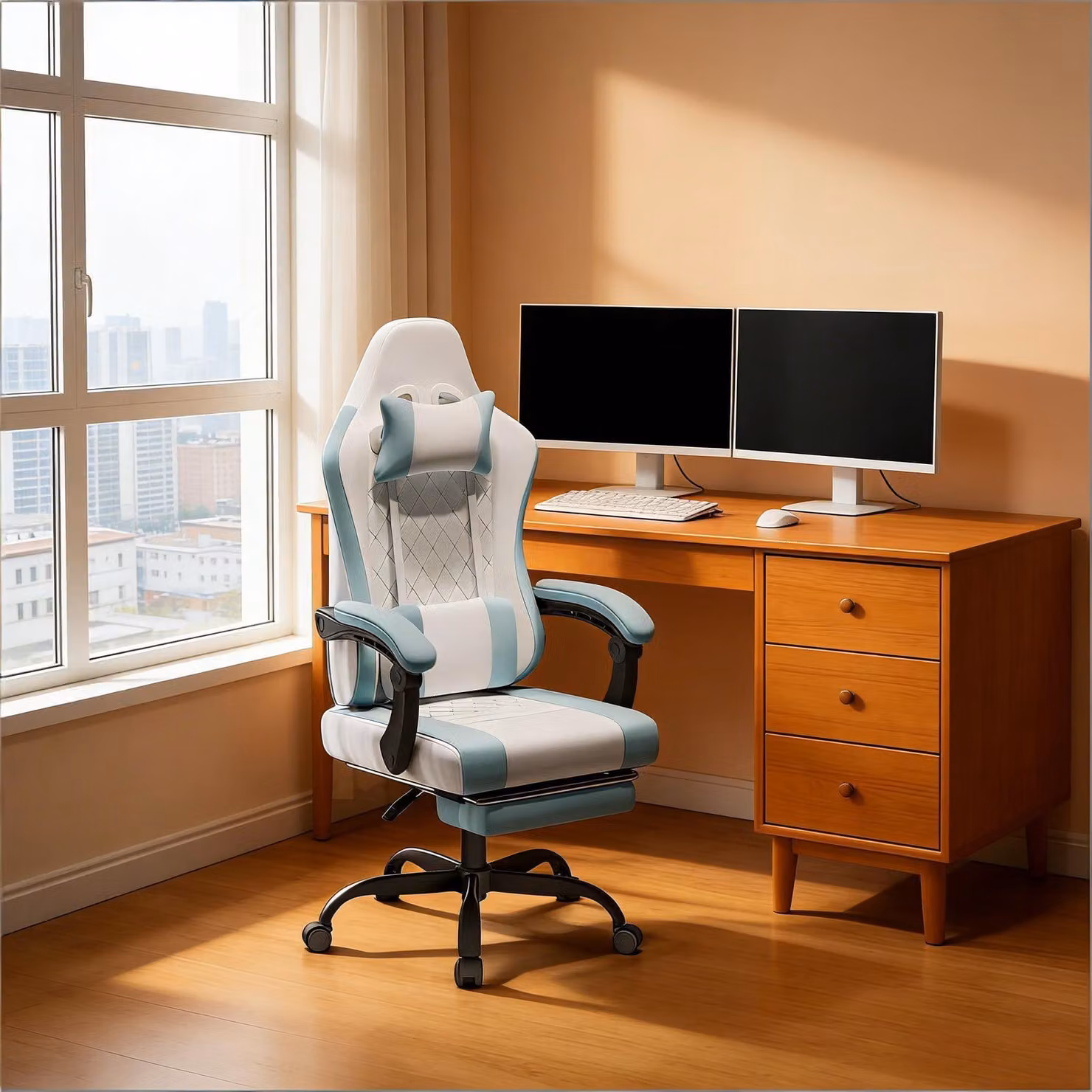 Sedia ergonomica per computer, sedia girevole da ufficio, sedia da gaming con funzione massaggio (solo sedia da ufficio) - blu, bianco