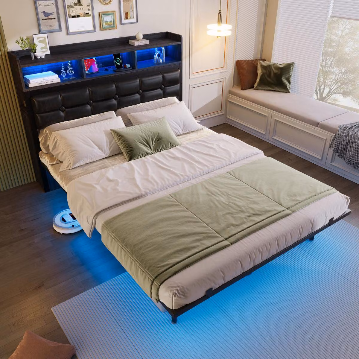 Letto matrimoniale 140*200 cm con rete a doghe e testiera, con 2 comodini estraibili, con vani portaoggetti, con funzione di ricarica per cellulari (interfaccia TYPE C e USB), con LED, grigio