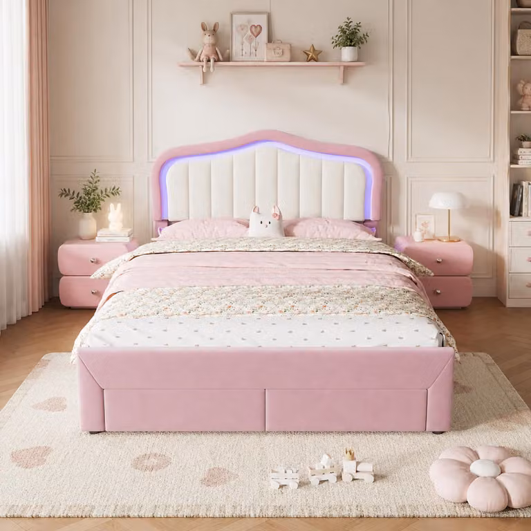 Letto a castello MODFU per bambini, 140 x 200 cm, con contenitore e illuminazione LED, struttura imbottita con schienale imbottito, senza materasso, colore rosa