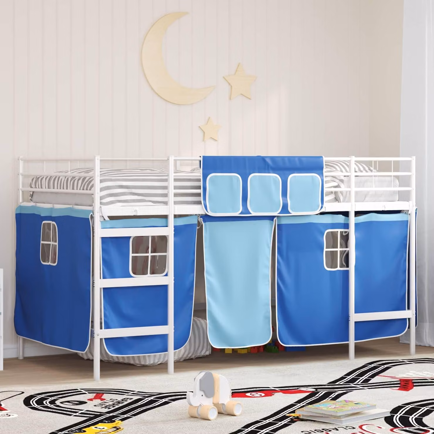 Letto a castello esclusivo per bambini, con tende, bianco e blu, dimensioni 90 x 200 cm