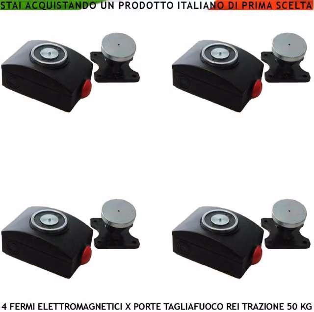 Kit di 4 fermaporta tagliafuoco REI nero Securvera con magnete da 50 kg e alimentazione 22/28 VCC