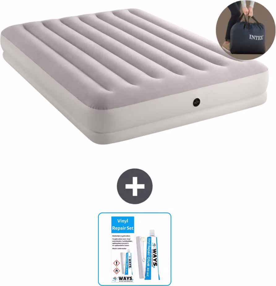 Intex Airbed - 2 persone - 152 x 203 x 30 cm - Grigio - Pompa inclusa - Kit di riparazione
