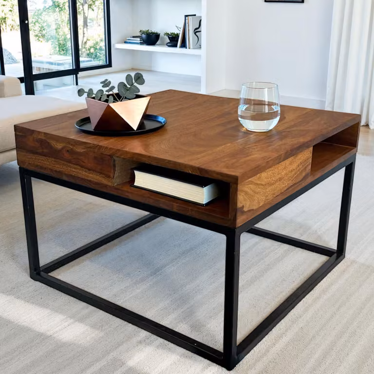 FineBuy tavolino da caffè in legno massiccio Sheesham 60x60 cm Tavolo quadrato da soggiorno con ripiani Tavolo in legno color naturale con robusta struttura in metallo