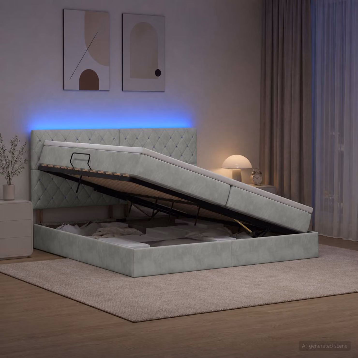 Letto con contenitore e illuminazione LED vidaXL in tessuto grigio, L/P/H: 200 x 200 x 128 cm