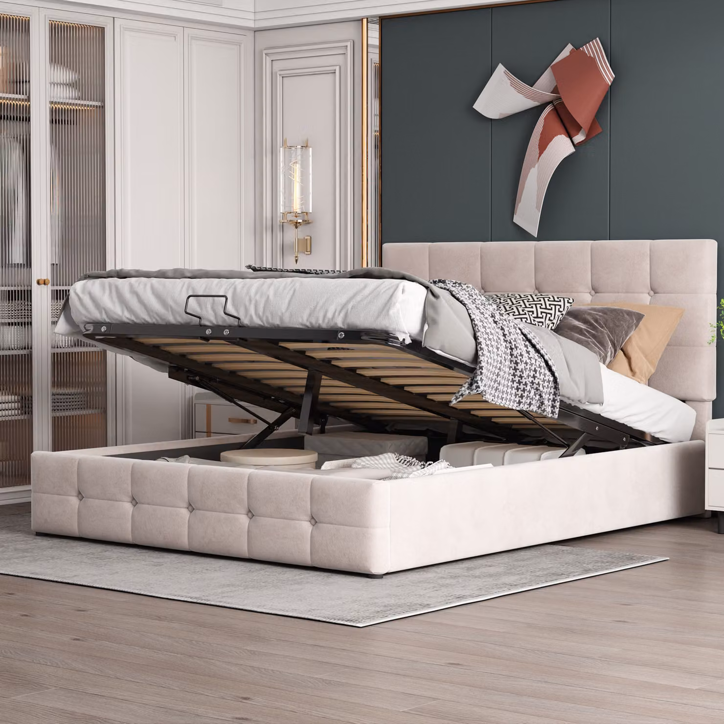 Letto imbottito Flieks 140x200cm con vano contenitore e rete a doghe, box spring idraulico letto matrimoniale letto contenitore letto per ragazzi in velluto, bianco