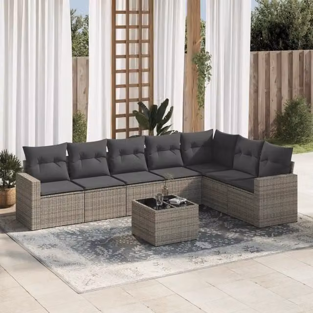 Set Divano da Giardino a L VIDAXL in Polyrattan Grigio con Cuscini, 8 Posti – 1