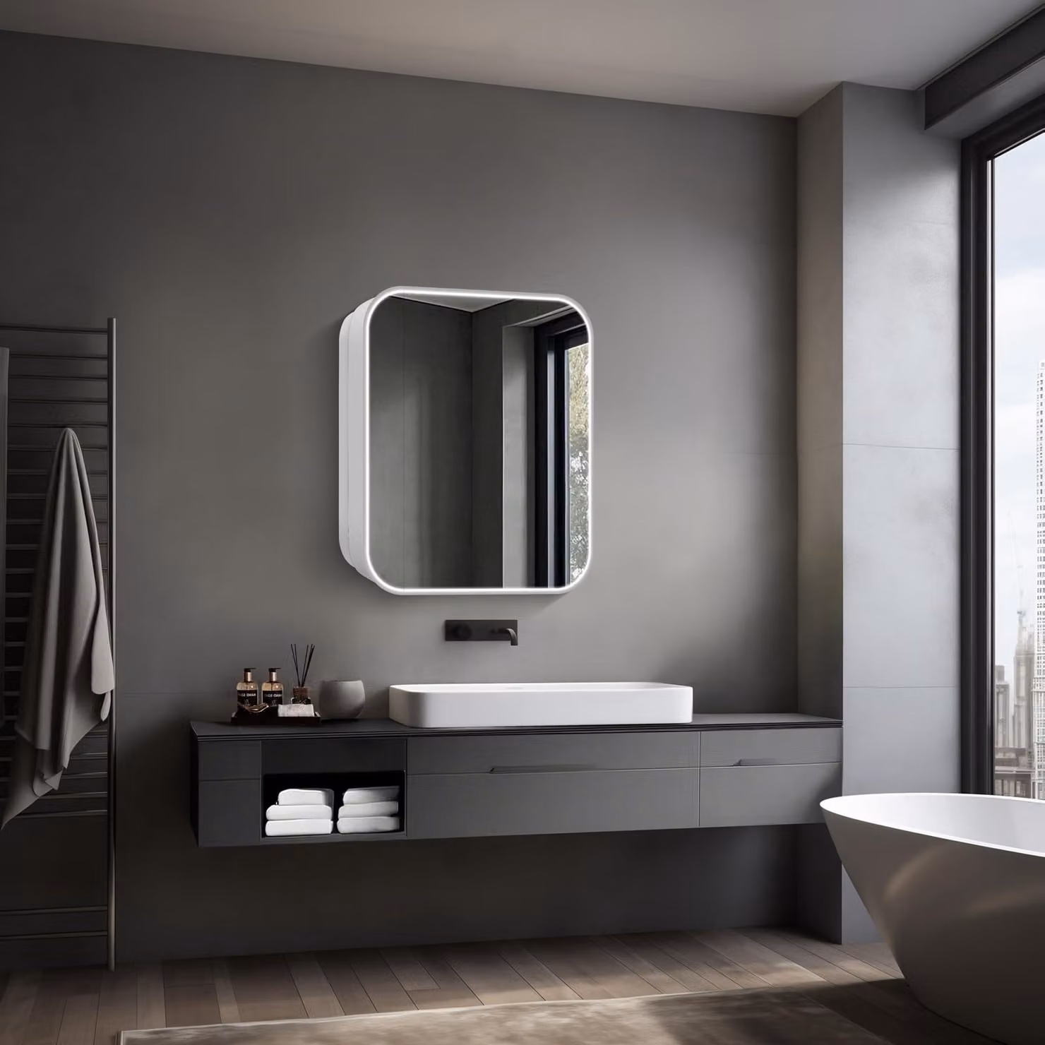Mobiletti sottolavabo con specchio, 60x70 cm, in alluminio, colore argento, con 2 ripiani