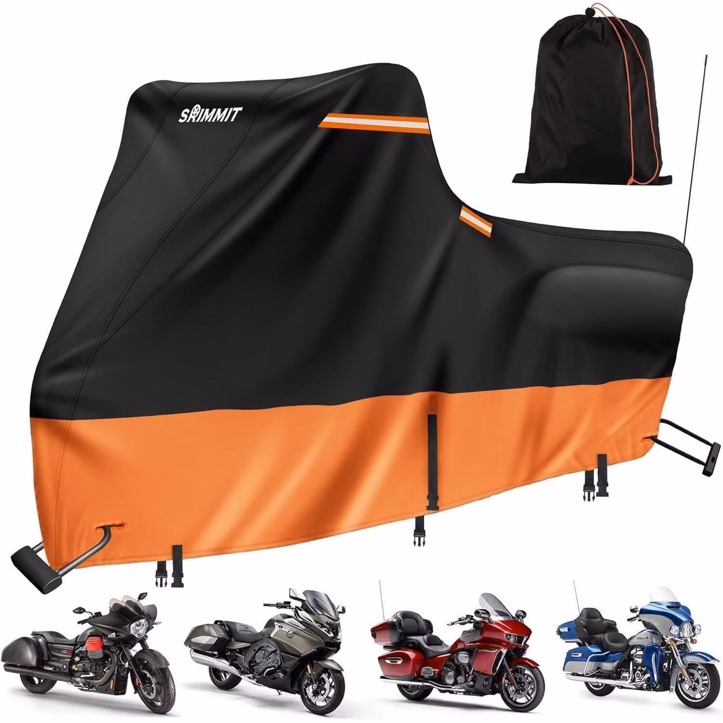Copertura impermeabile per moto, modello touring, 420D, resistente al gelo, colore nero-arancione, dimensioni 274x111x142 cm
