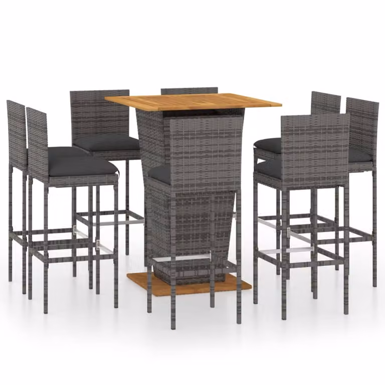 Set da Bar per Giardino 9 pz con Cuscini in Polyrattan Grigio