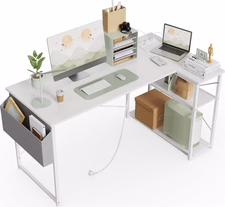 BEXEVUE Scrivania angolare con ciabatta 120x70 cm Ergonomica per lo studio e il lavoro in casa