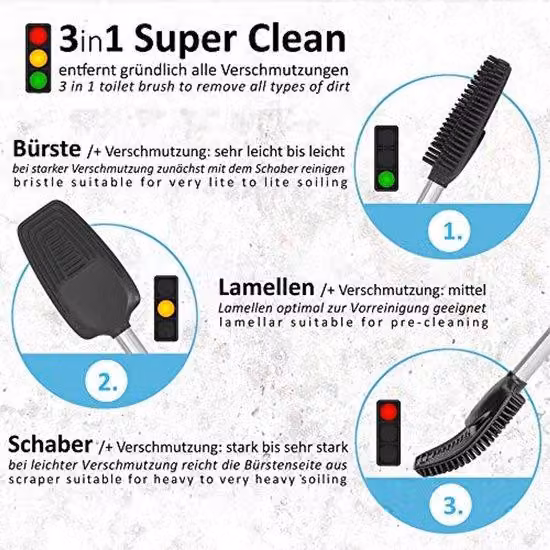 Set 3 in 1 per la pulizia del WC in silicone con supporto e staffa da parete, lunga asta in acciaio inossidabile e dotato di listelli e raschietto per garantire l'igiene - Set per la pulizia del WC per il bagno e il bagno degli ospiti (grigio)