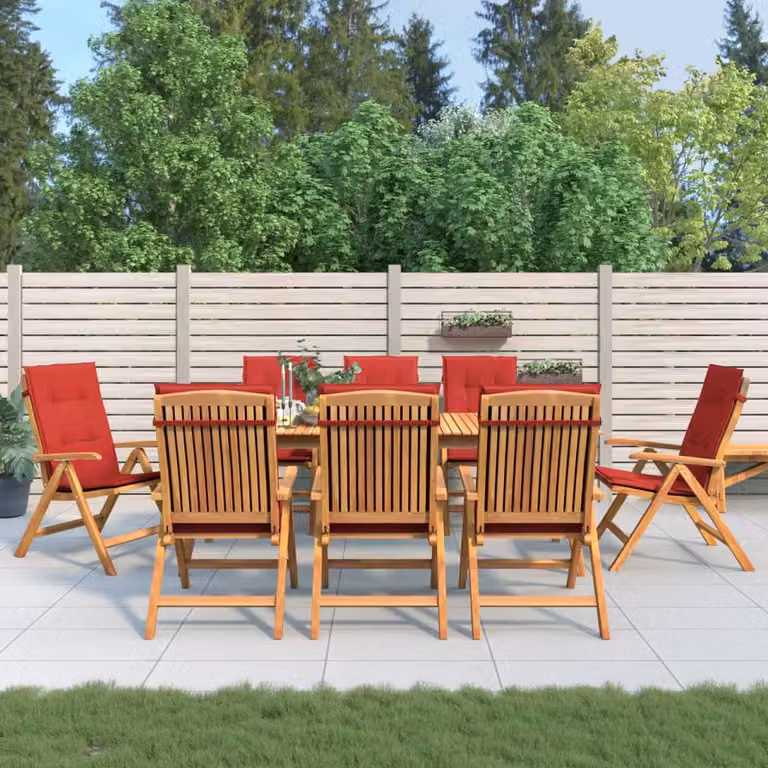 Set di 8 sedie pieghevoli reclinabili con cuscini vidaXL in legno di teak marrone e rosso per giardino