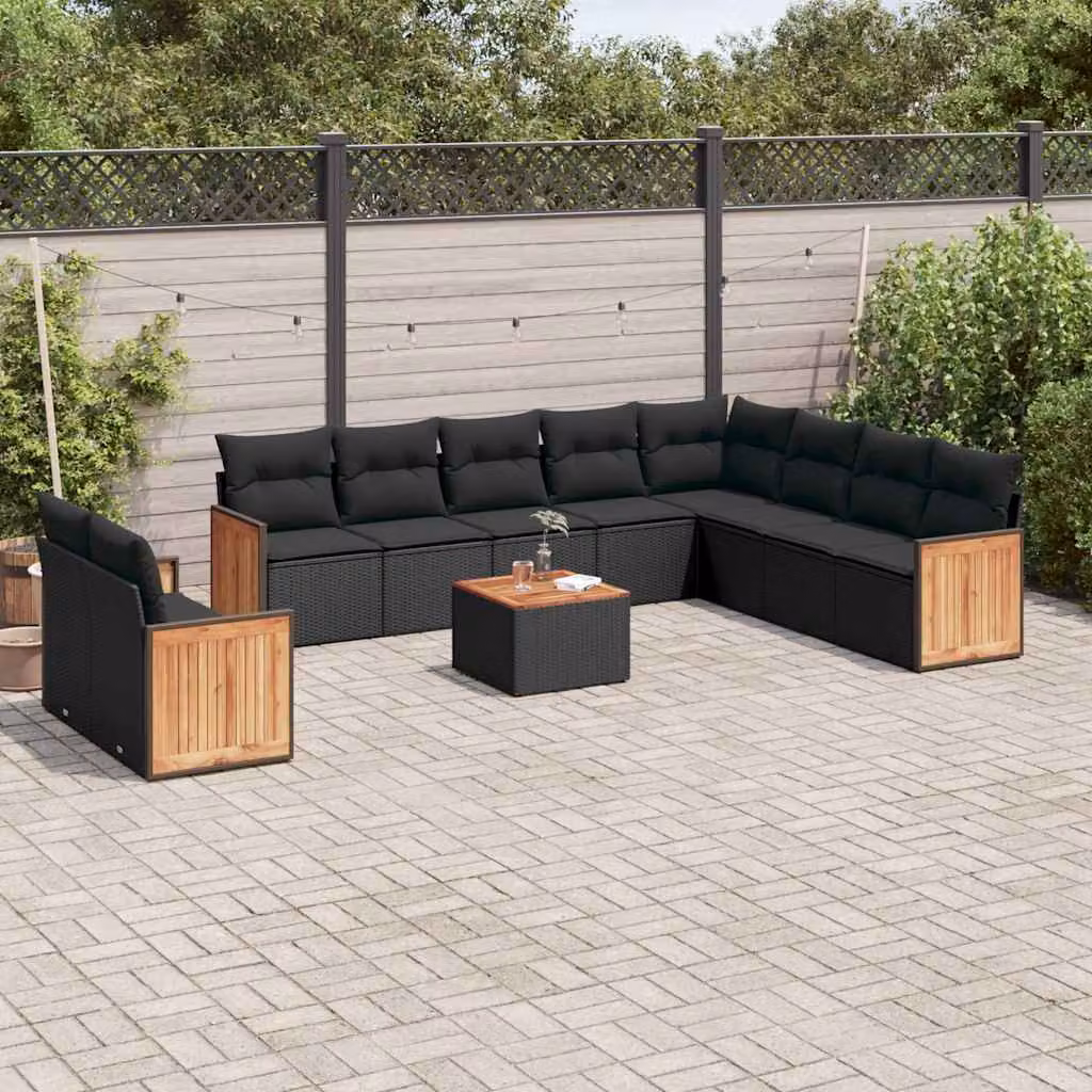 vidaXL Set Divani da Giardino 11 pz con Cuscini e Tavolino da Caffè in Polyrattan e Acciaio Nero – 1