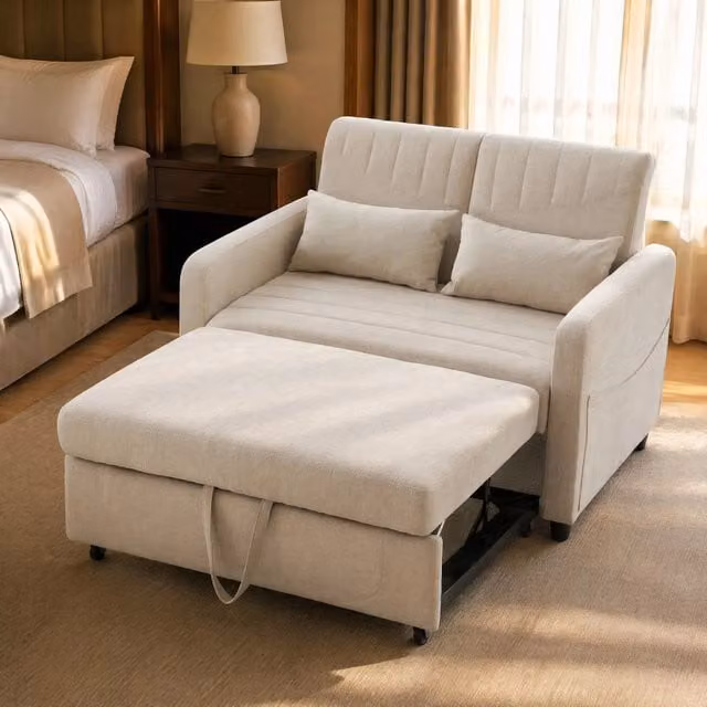 Divano letto 2 posti 166x95 cm beige in tessuto cotone lino, schienale regolabile