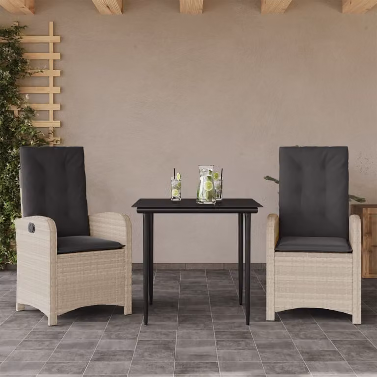 Set Pranzo da Giardino vidaXL in Polyrattan con Cuscini e Tavolo in Vetro, 3 Pezzi, Grigio Antracite