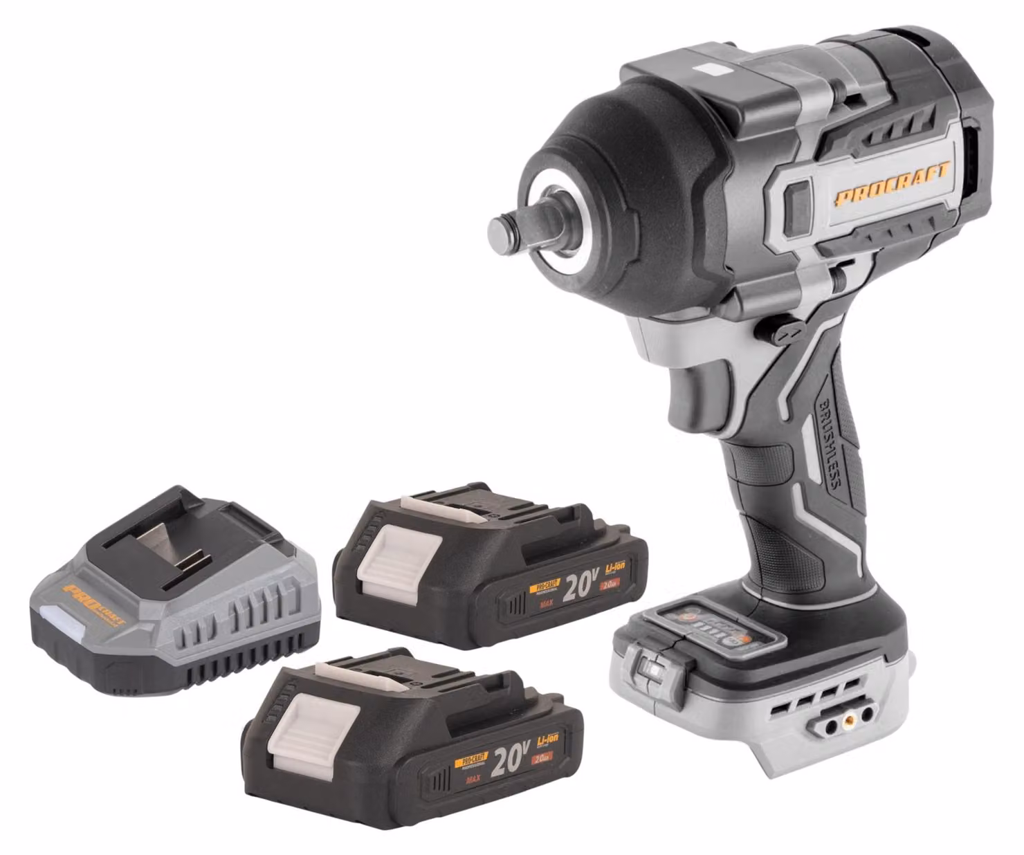 Avvitatore a impatto a batteria ProCraft Industrial IW850A-BB 20 V 850 Nm 1/2" brushless + 2 batterie da 2,0 Ah + caricabatterie