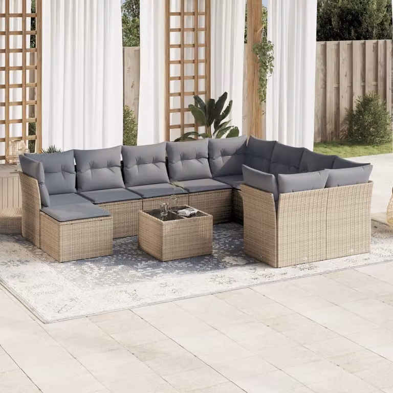 vidaXL Set Divani da Giardino 11 pz con Cuscini Beige e Grigio in Polyrattan e Acciaio