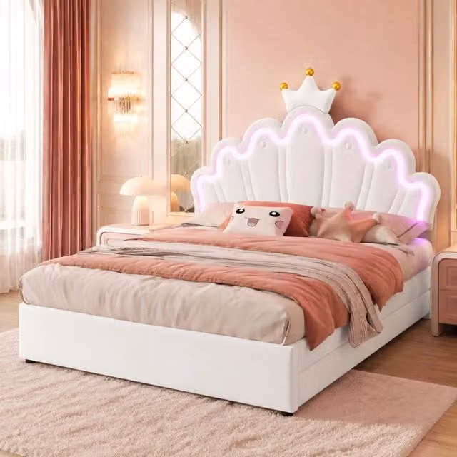 Letto 140x200 cm bianco – testiera regolabile, LED e 2 cassetti, senza materasso