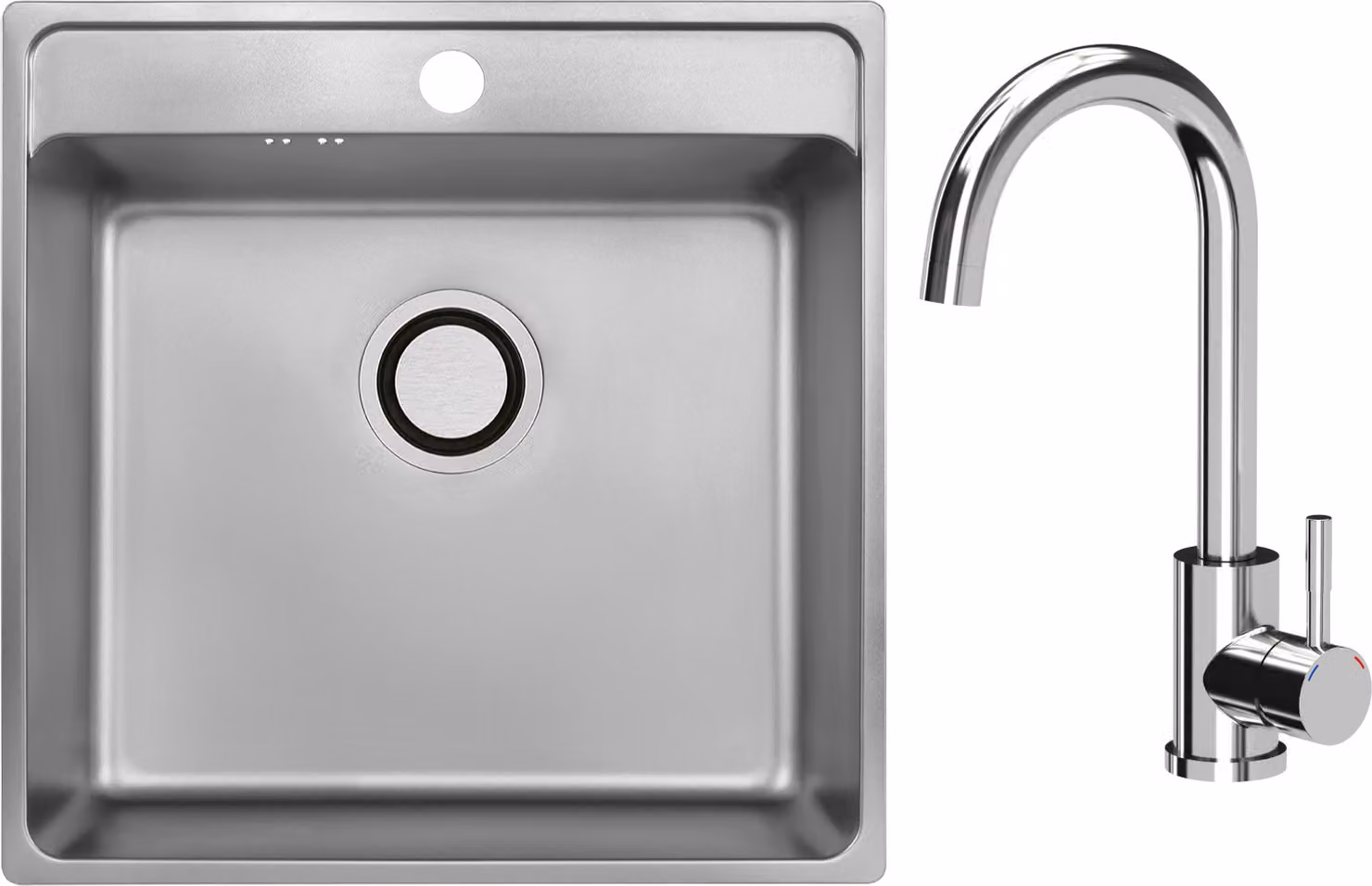 VBChome Lavello in acciaio inox con rubinetto 49 x 48 x 21 cm Inox Liscio Lavello da incasso in acciaio inox con foro per rubinetto Lavello da cucina Grande vasca Sifone Rubinetto cromato