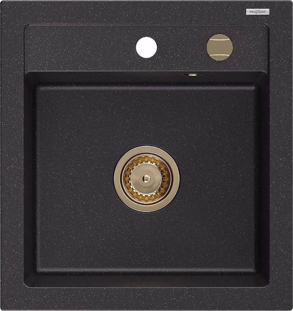 Mexen Vito lavello in granito 1-vasca 520 x 490 mm, nero/metallizzato argento, sifone dorato - 6503521000-73-G