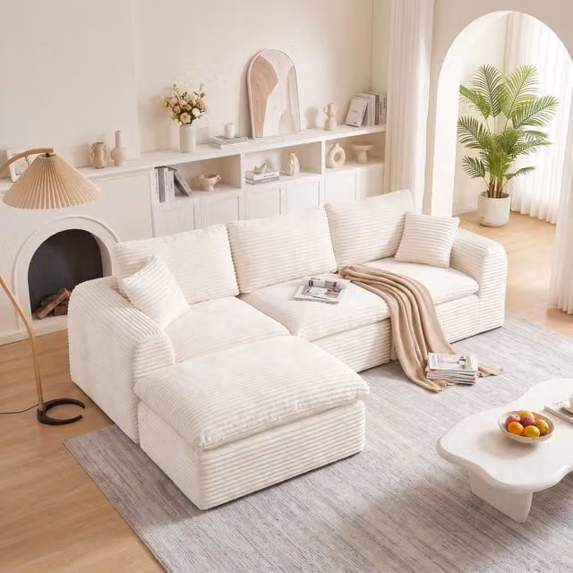 Divano modulare MIVRAY in tessuto a coste beige con funzione letto e configurazione angolare o lineare per 3 persone