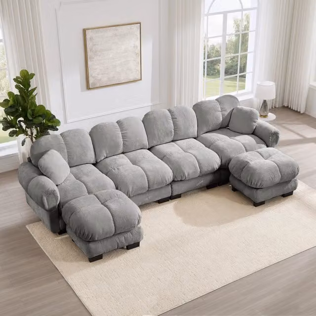 Divano panoramico modulare a U Mivray in tessuto grigio con 2 ottomane mobili, L: 330 cm, P: 90 cm, H: 149 cm