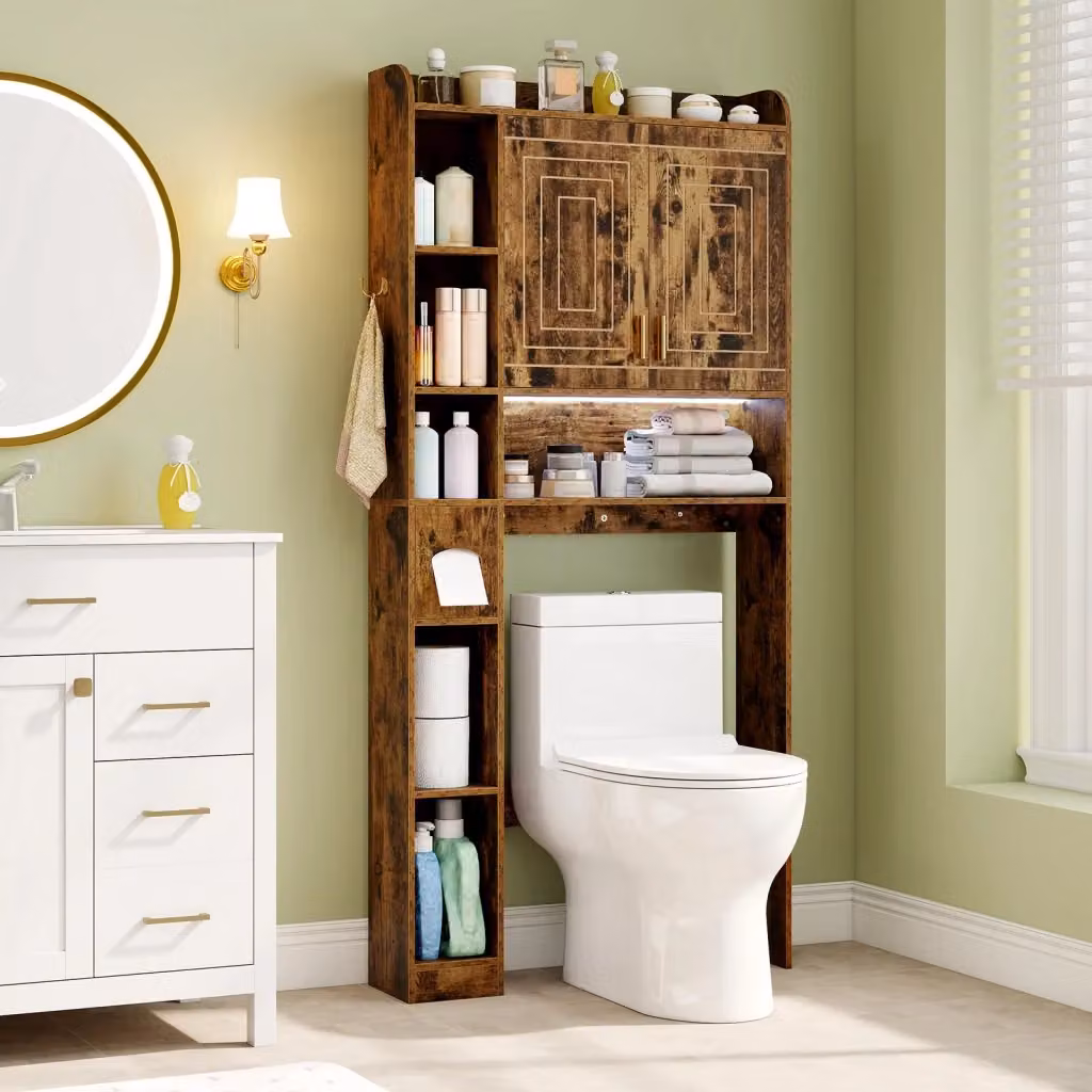 Mobiletto da appoggio per bagno Design Mania marrone con armadietto a 2 ante e 6 scomparti aperti in legno e MDF – 2