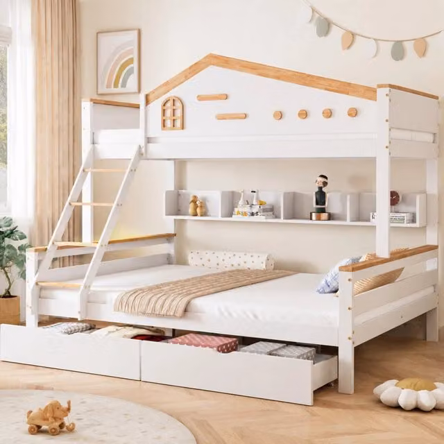 Letto a castello ULEVR 90x200 e 140x200 cm con 2 cassetti, scala inclinata a 4 gradini e ripiani aperti, bianco e naturale