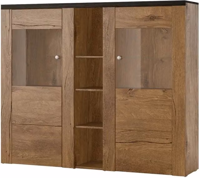 Credenza design a 2 porte per soggiorno colore quercia e nero effetto legno. Collezione SANTIAGO.