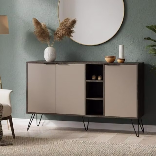 Credenza Alin DMORA, Buffet e Madia da Soggiorno o Cucina, Antracite e Beige, L: 142 cm, P: 35,6 cm, H: 83 cm – 1