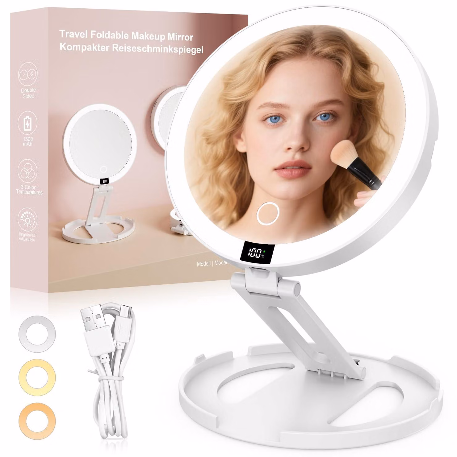 Specchio cosmetico SURFOU con illuminazione, ricaricabile e pieghevole, con 3 livelli di luminosità regolabili