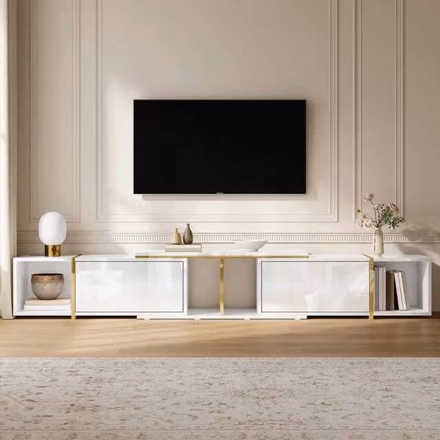 Mobile porta TV estensibile con vani aperti e passacavi in truciolare bianco lucido dettagli dorati 275 × 35 × 37 cm