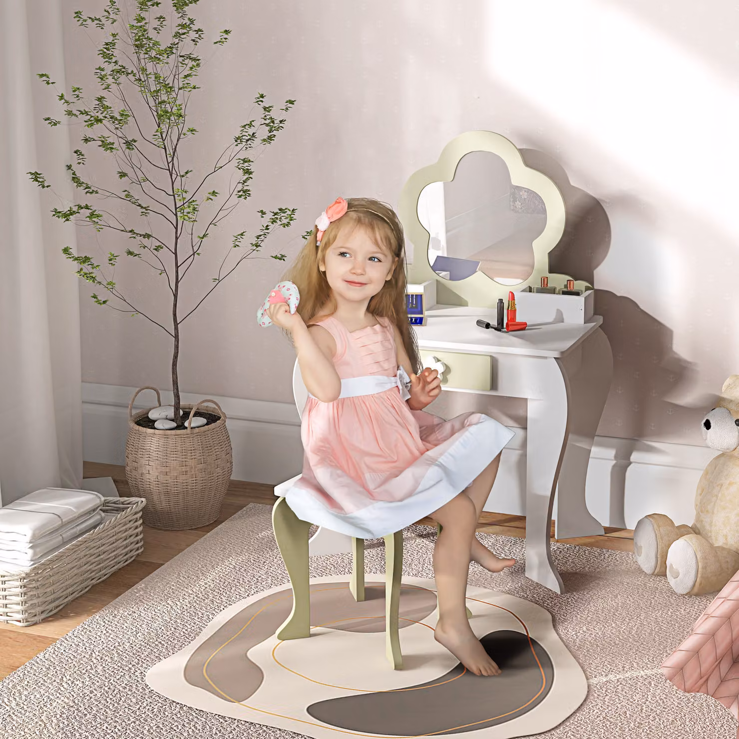 Set Toeletta per Bambina ZONEKIZ con Specchio, Sgabello e Contenitori in Legno Bianco – 2