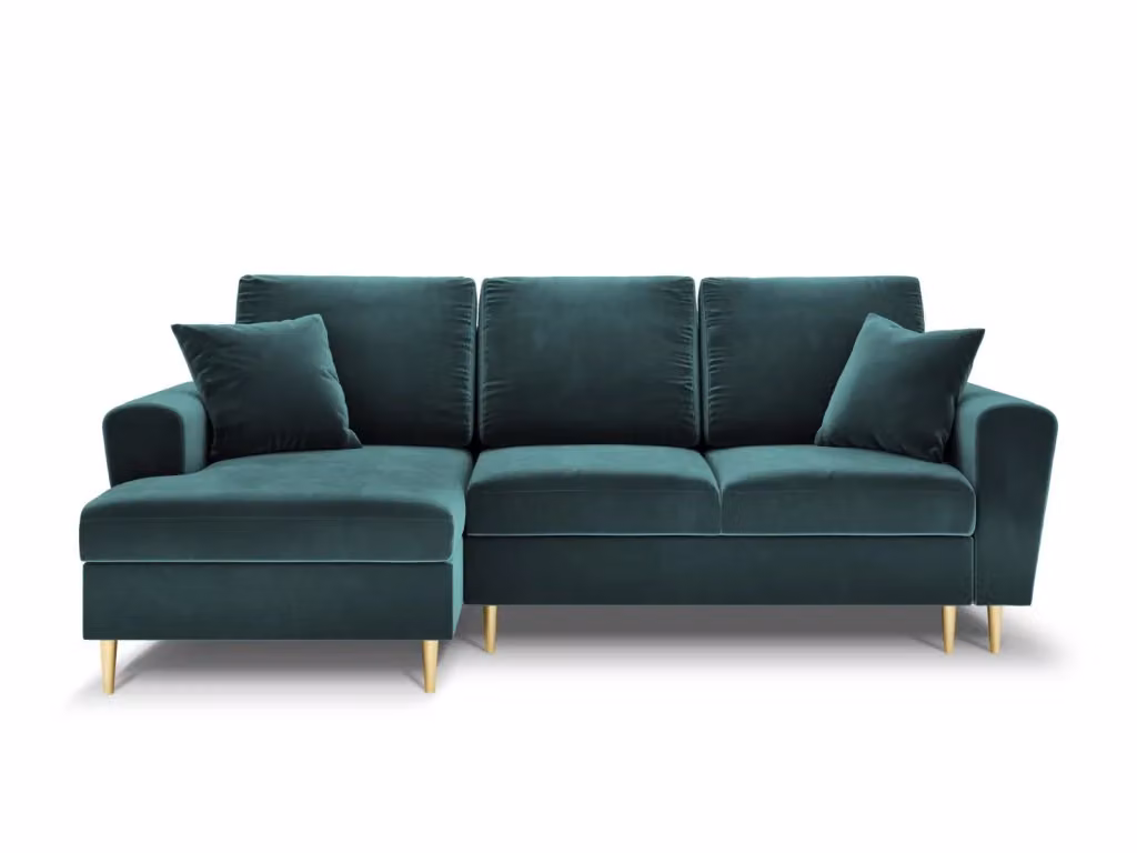 Divano convertibile angolare sinistro Kyoto di Cosmopolitan Design con contenitore, 4 posti, in velluto petrolio, L: 241 cm, P: 145 cm, H: 88 cm – 2