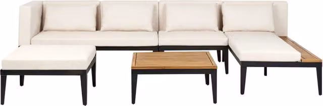 Set da giardino angolare Beliani a 4 posti con tavolino e pouf in alluminio e legno di acacia, cuscini beige chiaro lato sinistro