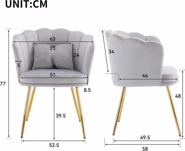 Poltroncina imbottita in velluto grigio con schienale a petalo e gambe in metallo dorato