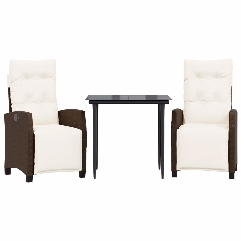 Set da Pranzo da Giardino 3pz vidaXL in Polyrattan Marrone con Cuscini e Tavolo in Vetro – 2