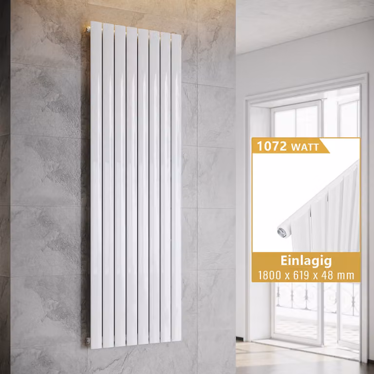 SONNI - Radiatore a pannello verticale, a singolo strato, bianco, dimensioni 1800x619 mm, senza resistenza riscaldante