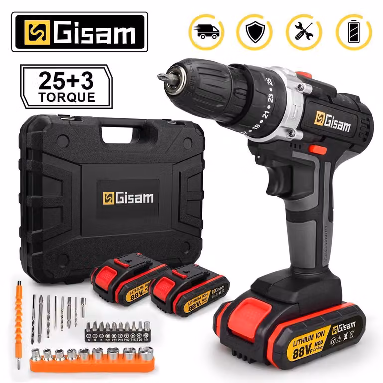 Trapano - Trapano avvitatore a percussione a batteria - 18 V - 2 batterie - Senza fili - 10 mm - Valigetta in plastica - Rosso