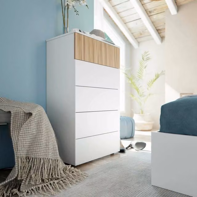 Cassettiera DMORA con 5 cassetti in stile moderno, Bianco e Rovere, L: 61 cm, P: 40 cm, H: 109 cm – 1