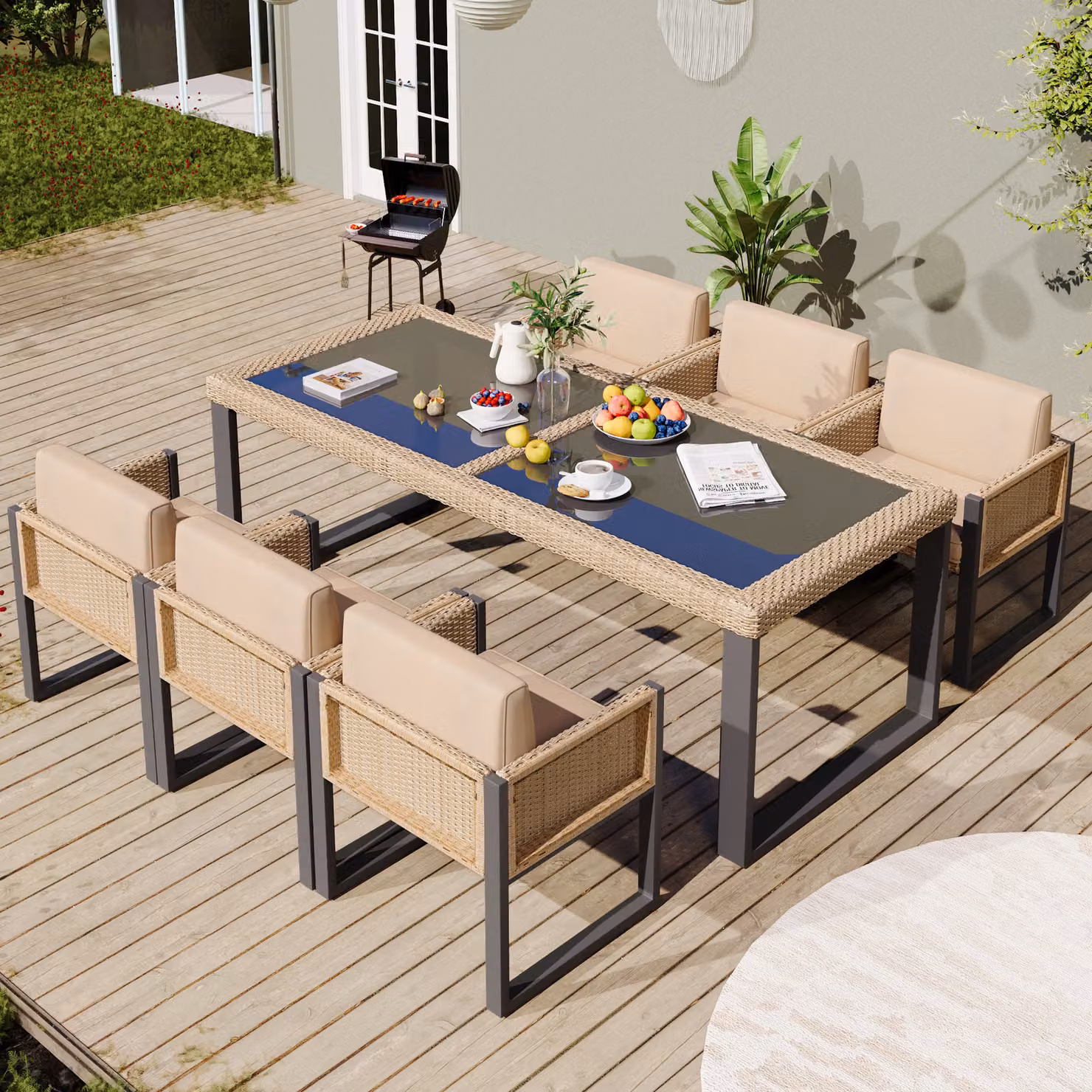 okwish: Tavolo da pranzo e set di sedie, set da giardino per 6 persone con poltrone, rivestimenti removibili e lavabili, un tavolo e sei sedie, colore marrone