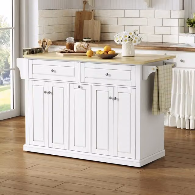 Isola cucina mobile con piano ribaltabile; MDF; Natural/White; 121x49(69)x89 cm