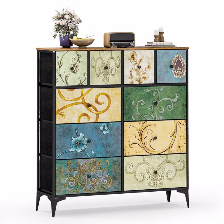 Comodino con 10 cassetti rivestiti in tessuto, struttura in acciaio, mobiletto contenitore per piccoli spazi, dimensioni 98x30x75 cm