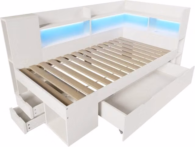 Letto Giorno Bianco 90x200 cm in MDF con LED, USB, Tipo-C, Cassetti, Scaffali e Rete Inclusa Senza Materasso