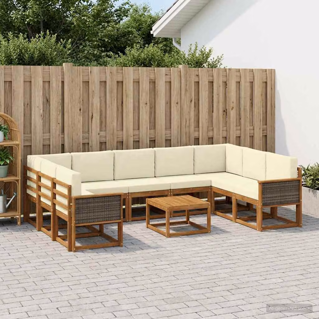 vidaXL Set di divani da esterno a L in legno di acacia con tavolo da caffè e cuscini, Marrone e Beige